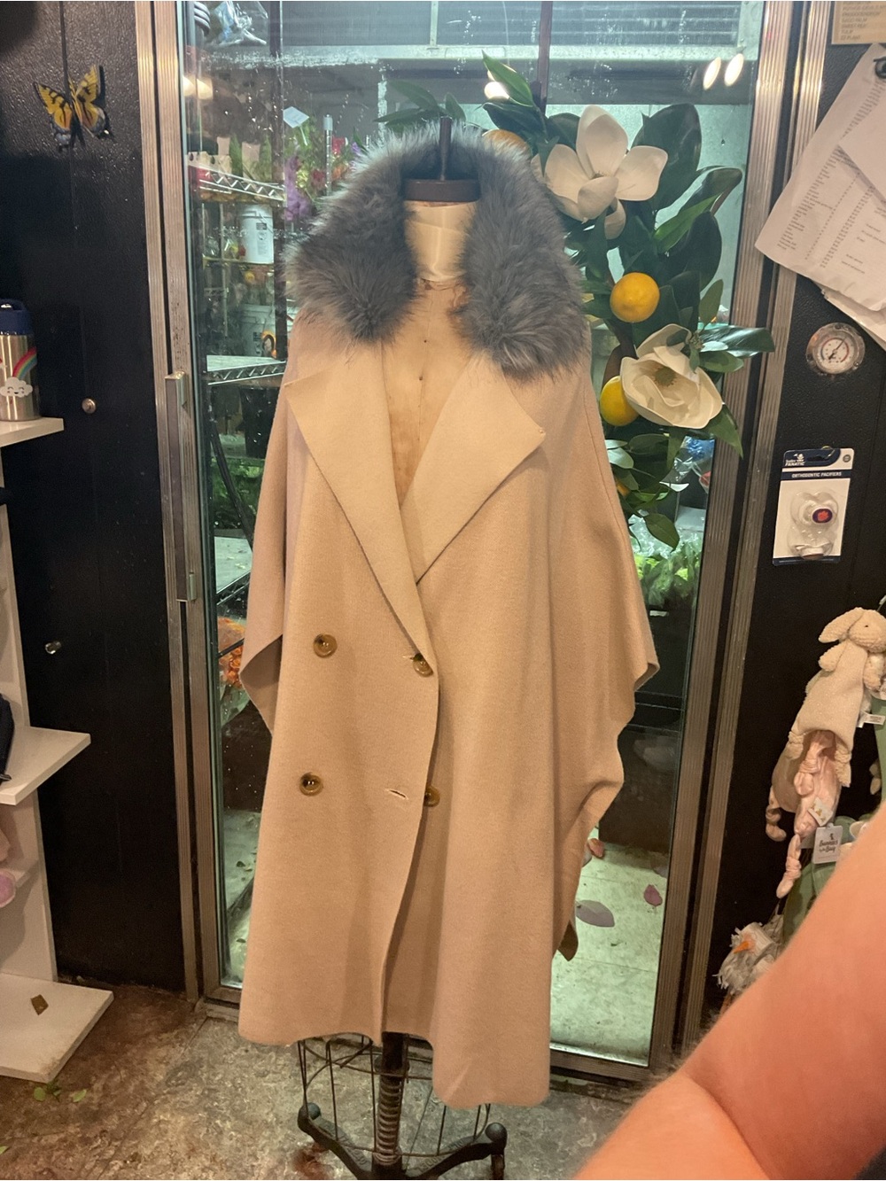 BLVD Beige Coat with Gray Fur Collar